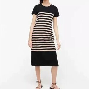 NWT J. Crew Black & Beige Striped Short Sleeve Cotton Midi Shirt Dress